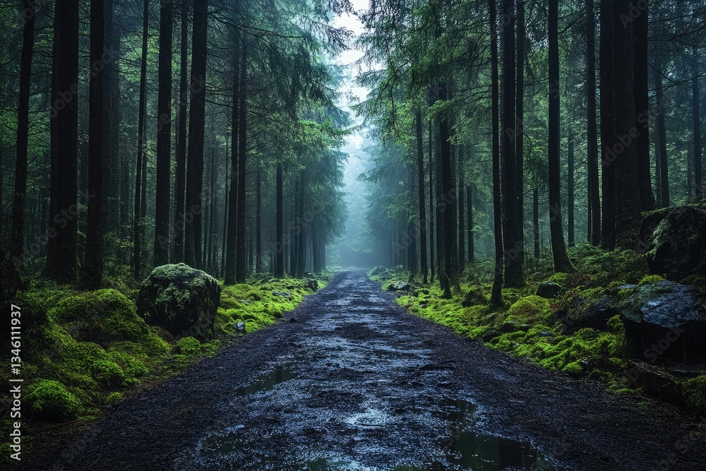 Obraz premium Misty forest path, deep woods