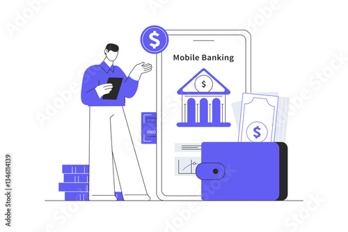 Mobile banking concept. Financial transactions, payments, online banking, money transfers, and bank account. Flat Cartoon Vector Illustration, icon. Stylish abstract design web