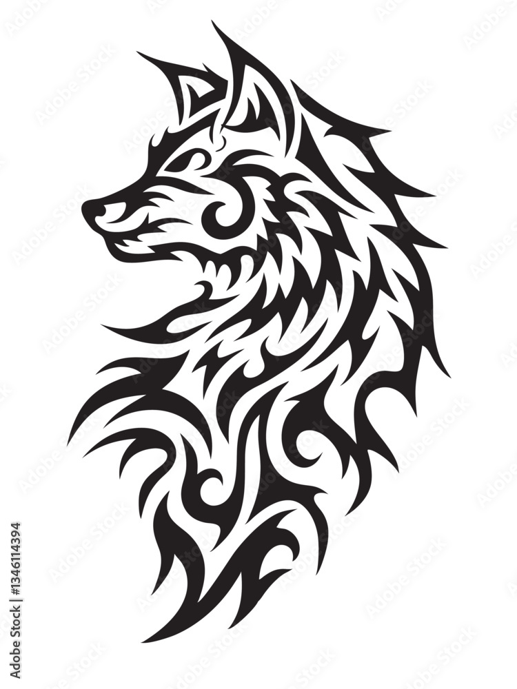 Obraz premium A black tribal wolf head tattoo vector illustration of a wild animal face