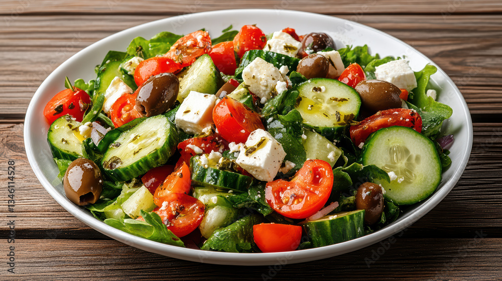 fresh and colorful Greek salad with cucumbers, tomatoes, olives, and feta cheese fresh and colorful Greek salad with cucumbers, tomatoes, olives, and feta cheese