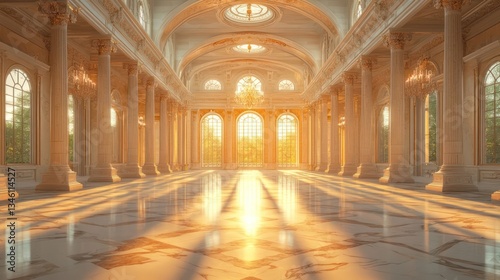 Grand hall with ornate architecture illuminated by golden sunlight through large windows