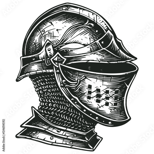 Vector illustration of medieval knight helmet with visor. Black and white detailed drawing of antique armored headgear with chainmail, showing historical military protection.