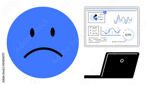 Blue sad face next to laptop displaying graphs, charts, and falling performance data. Ideal for digital failure, performance issues, user frustration, analytics, online business, technology decline