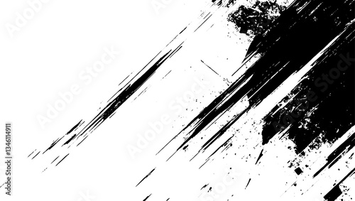 Diagonal Black Brush Stroke Texture with Grunge Effect on White Background