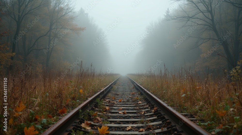 Fototapeta premium Overgrown Railway Track in Morning Fog