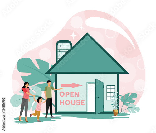 Open House Event concept. Family Attending a Real Estate for a New Home.