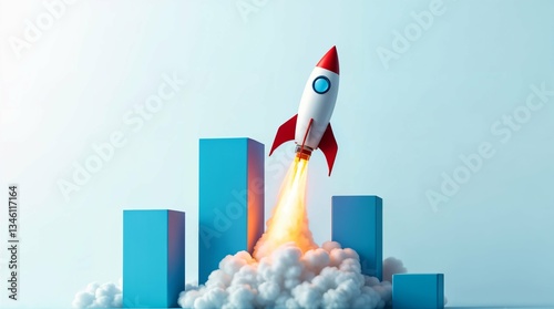 Rocket launch soaring from blue growth bars upward