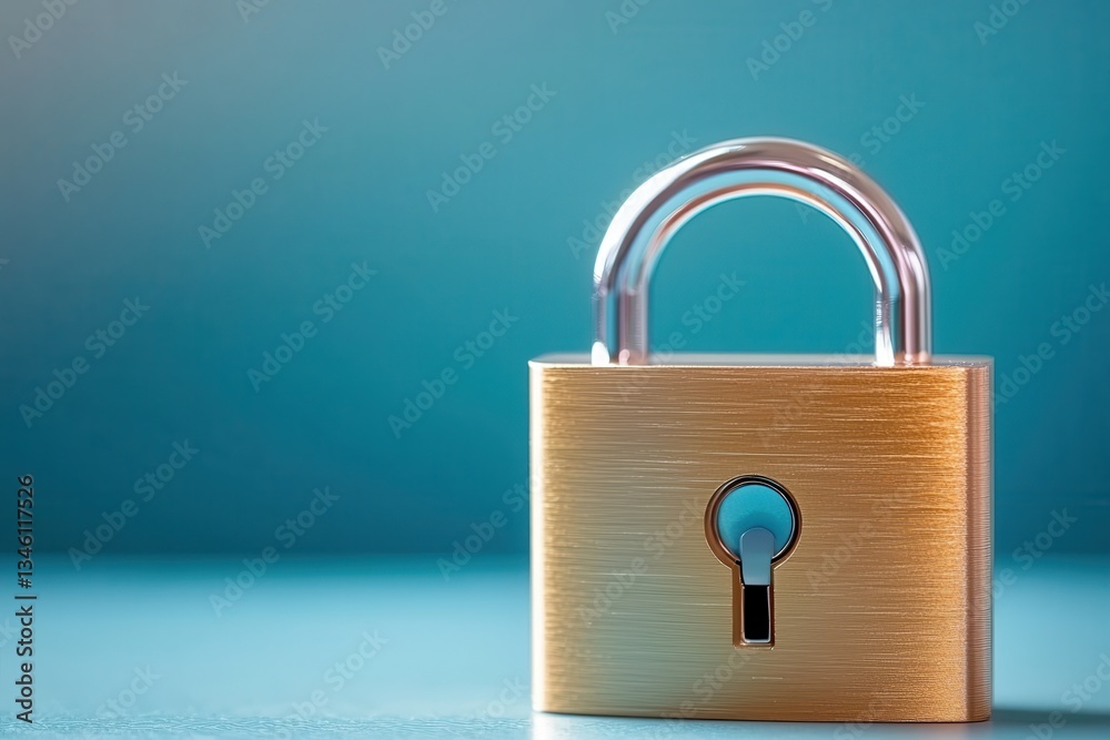 Fototapeta premium Cybersecurity phishing social engineering threats. Shiny padlock on a blue background symbolizing security and protection.
