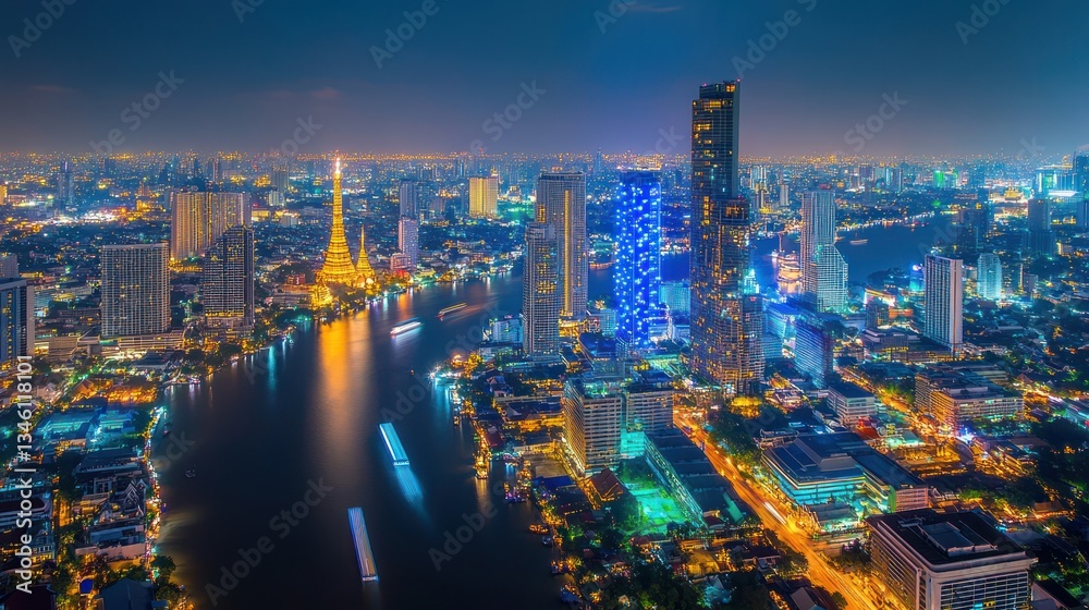 Naklejka premium Bangkok cityscape at night, Chao Phraya River, illuminated buildings, aerial view, urban scene, tourism, travel