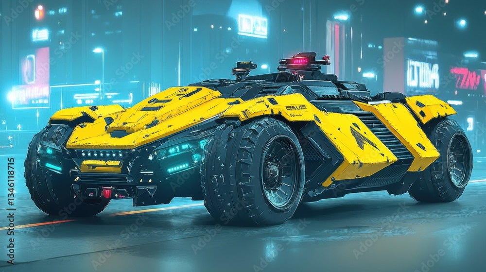 Fototapeta premium Futuristic armored vehicle driving down a neon lit city street