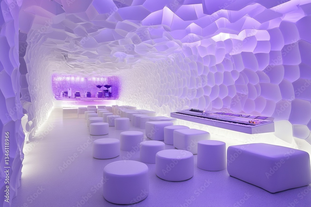 Fototapeta premium A modern, minimalist lounge with a unique purple-lit, textured ceiling and white seating.