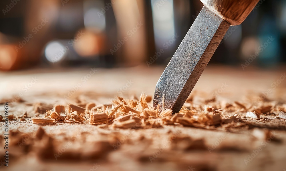 A sharp chisel expertly carves into wood, creating delicate shavings that scatter across the surface.