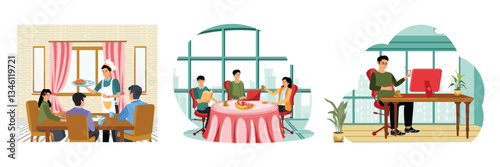 Business lunch. Business meeting at restaurant. Busy launch time.