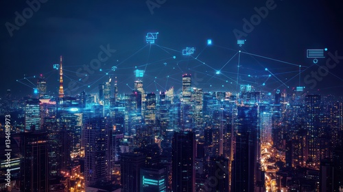 Wallpaper Mural Night city skyline connected by digital network.  Possible use Technology, connectivity, global networking Torontodigital.ca