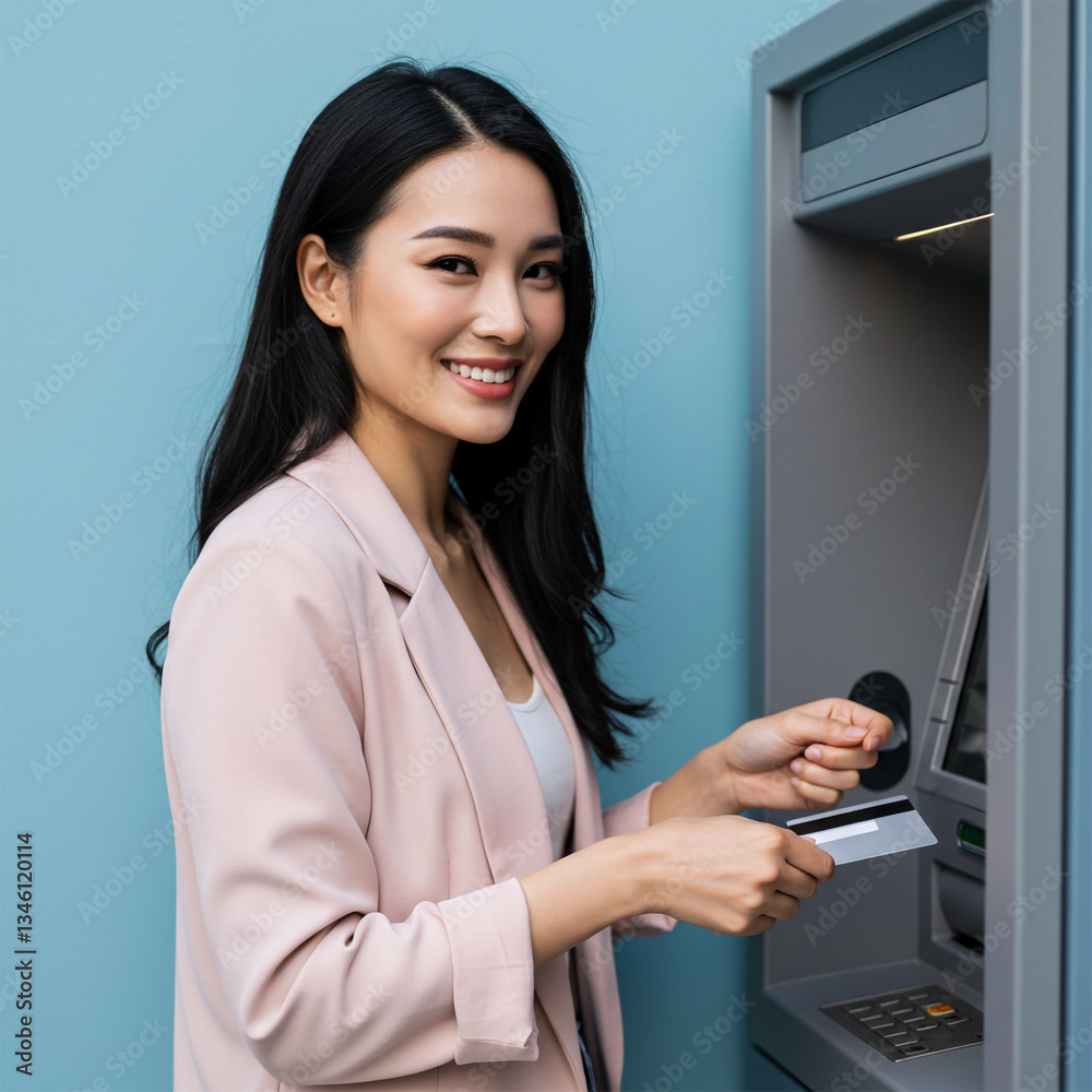 A beautiful woman withdraws money from an ATM machine A beautiful woman withdraws money from an ATM machine