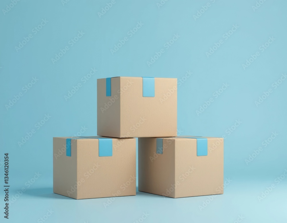 Stacked Delivery Boxes with Blue Tape on Light Blue Background Stacked Delivery Boxes with Blue Tape on Light Blue Background
