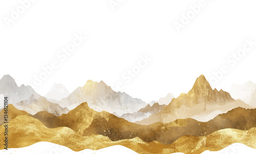 Chinese landscape art style ink painting, features gold lines and gold foil texture, with mountains on a white background