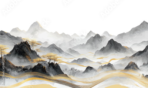 Chinese landscape art style ink painting, features gold lines and gold foil texture, with mountains on a white background