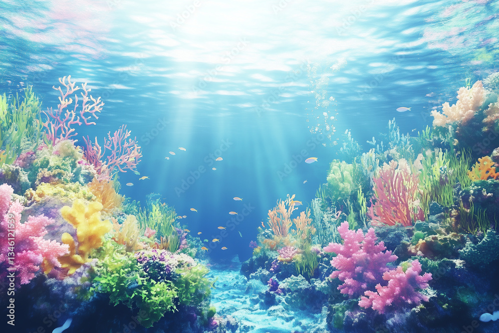 Naklejka premium A vivid underwater view of a coral reef, packed with marine life, a watercolor landscape