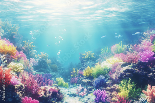A vivid underwater view of a coral reef, packed with marine life, a watercolor landscape
