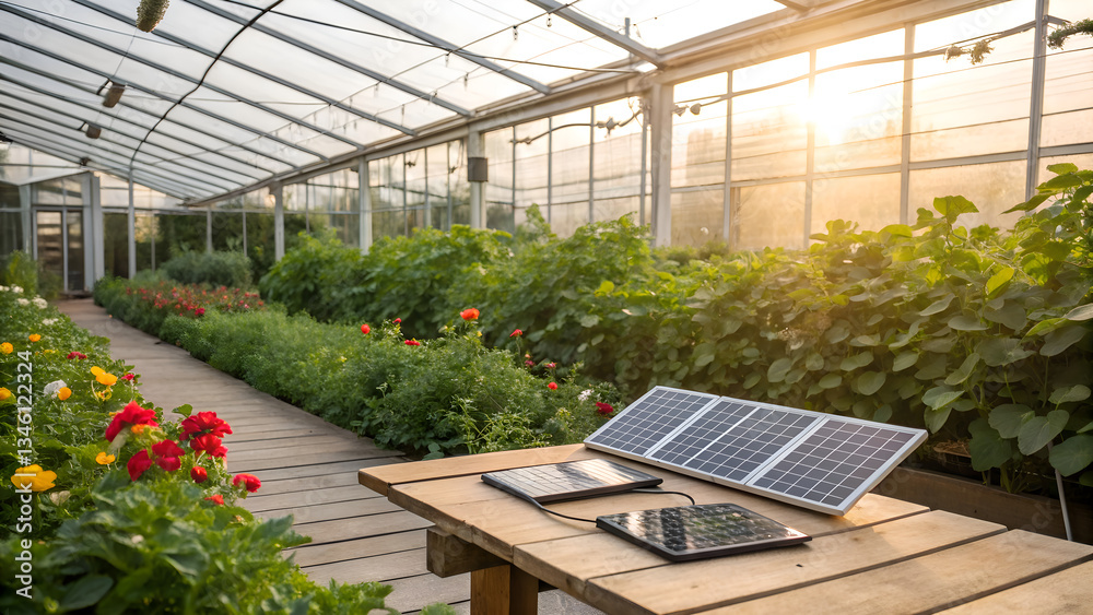Fototapeta premium Solar Panels and Technology in a Greenhouse at Sunset