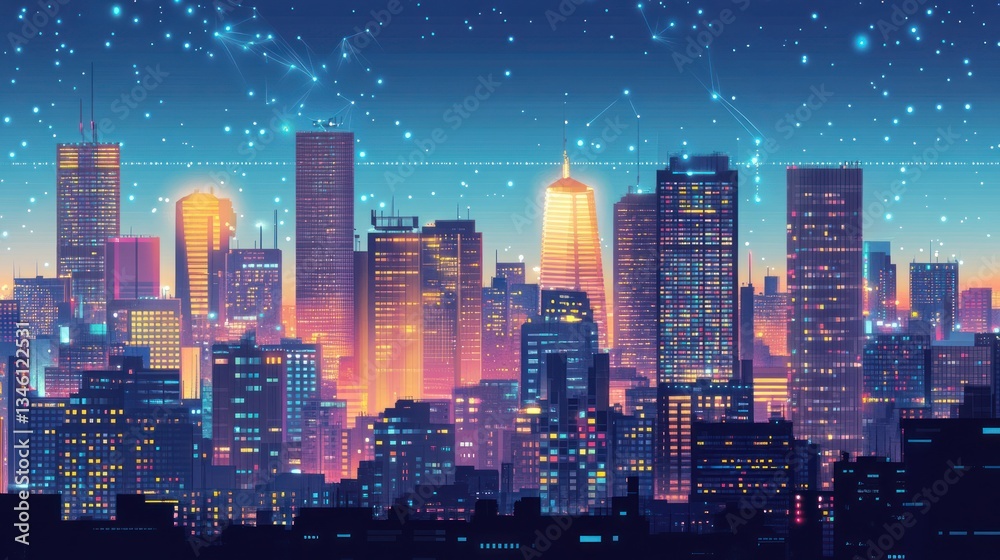 Obraz premium Futuristic city skyline at night, digital art, city lights, background