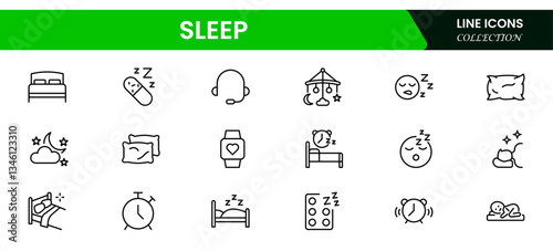 Sleep line icon set. Sleeping person, sleep, night rest, bed, pillow, sleeping pills, earplugs, moon, lullaby, bedtime story and more. Vector pictogram collection.