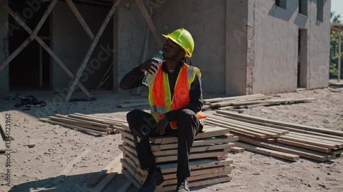 An African American construction worker sits on wooden pallets, taking a break under the hot sun. Wearing a bright safety vest and hard hat, he drinks water, combating heat exhaustion
