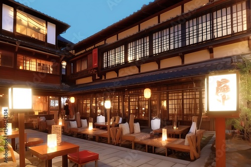 Evening view of a traditional Japanese inn courtyard with warm lighting and seating.