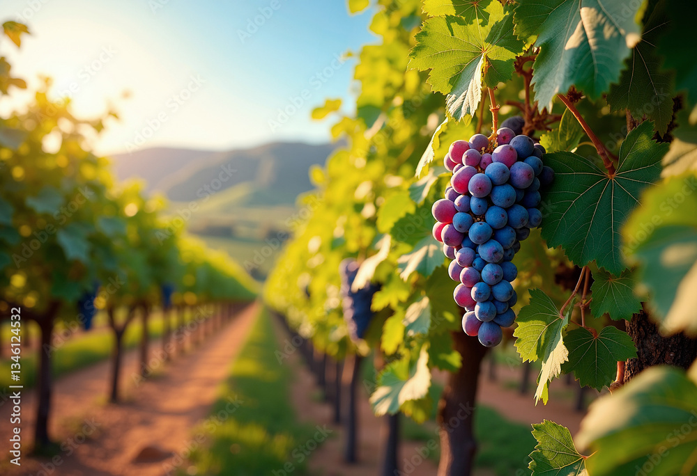 Fototapeta premium Vineyard with ripe grape clusters ready for harvest