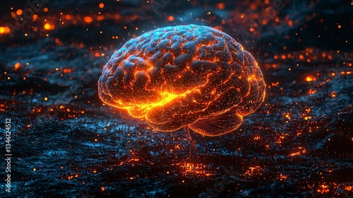 Glowing Brain in Abstract Digital Environment with Vibrant Colors