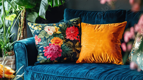 Stylish sofa setup with bold cushions and fresh flower