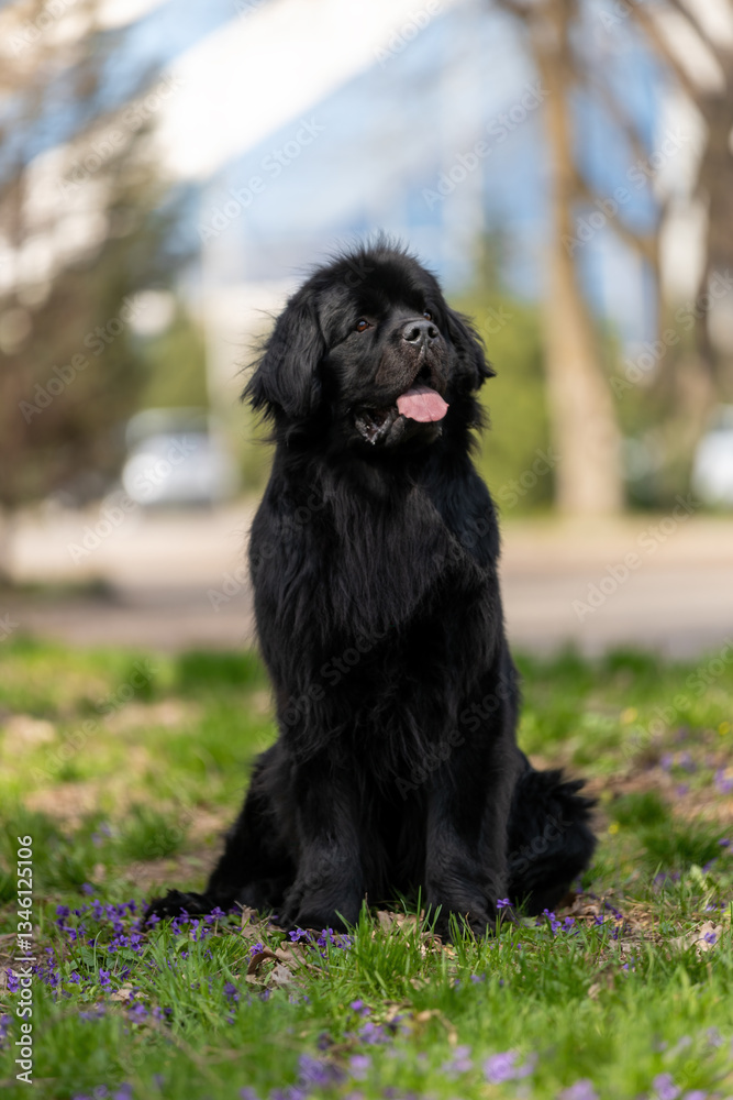 A majestic black Newfoundland dog sits calmly on a grassy field, surrounded by purple flowers, its thick fur shining. A majestic black Newfoundland dog sits calmly on a grassy field, surrounded by purple flowers, its thick fur shining.