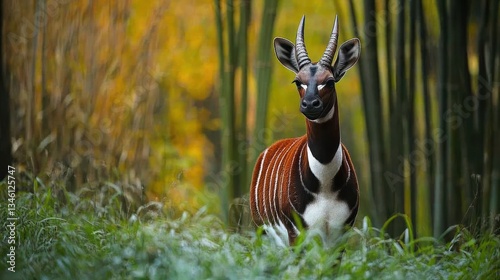 Okapi in autumnal bamboo forest.  Possible stock photo use photo