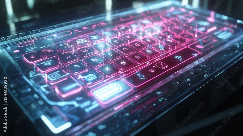 Fototapeta premium Futuristic Transparent Keyboard: Neon Glow