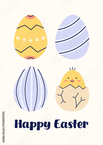 Happy Easter simple card with Set of 4 Easter Eggs. Design with text on beige background. Happy Easter hand drawn card. Flat illustration with partial outline. Vector illustration.