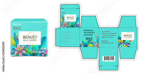 Design of the cosmetic packaging template. Cut. Cosmetic cream mask in a closed box. Realistic 3D model