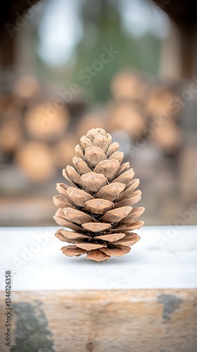 Single pine cone on wooden surface