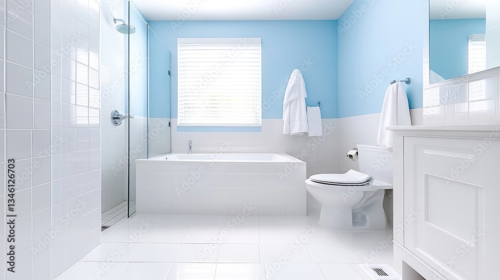 Bright, modern bathroom with white tiles and a light blue accent wall Bright, modern bathroom with white tiles and a light blue accent wall
