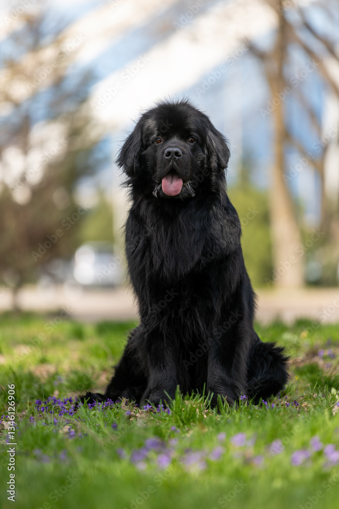 A majestic black Newfoundland dog sits calmly on a grassy field, surrounded by purple flowers, its thick fur shining. A majestic black Newfoundland dog sits calmly on a grassy field, surrounded by purple flowers, its thick fur shining.
