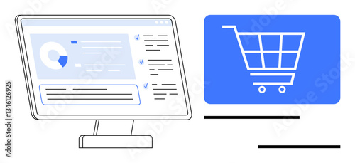 Digital desktop screen with analytics next to a highlighted shopping cart icon. Ideal for online shopping, retail, digital marketing, analytics, content management, business strategy, flat simple
