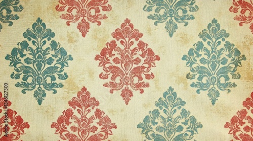 Vintage Damask Wallpaper Red Teal Beige Pattern photo