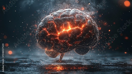 Glowing Brain with Fiery Effects on Dark Background for Creative Art