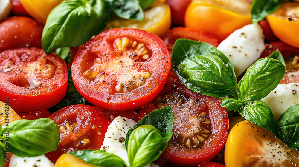 Fresh tomato salad with basil and mozzarella, bursting with vibrant colors and flavors Fresh tomato salad with basil and mozzarella, bursting with vibrant colors and flavors