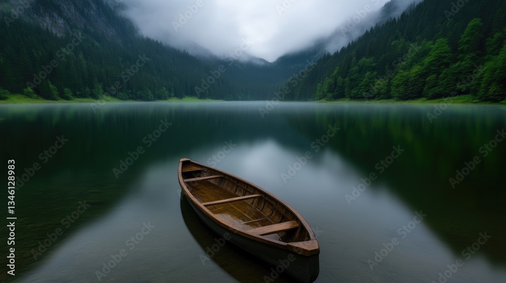Serene lake scene with wooden boat. Misty mountains and lush forest surround a calm lake, showcasing a solitary wooden boat gently floating on the water's surface Serene lake scene with wooden boat. Misty mountains and lush forest surround a calm lake, showcasing a solitary wooden boat gently floating on the water's surface