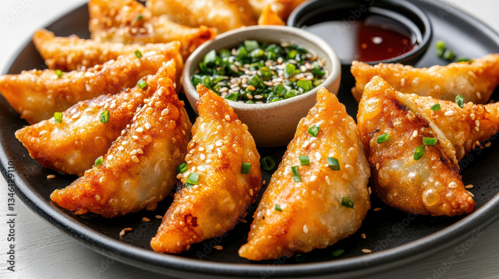 Crispy pan fried dumplings served with dipping sauces, perfect for sharing and enjoying Crispy pan fried dumplings served with dipping sauces, perfect for sharing and enjoying