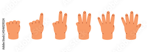 Finger counting, set of hands with gesturing countdown score. Cartoon style vector illustration isolated on white background