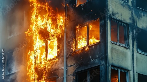 Fire burning apartment with flame and smoke come out from window