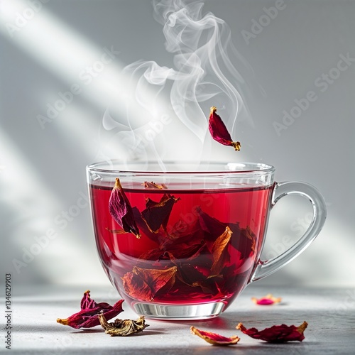 Steaming Hibiscus Tea in Ceramic Mug on White Background – Organic Herbal Infusion, Immune-Boosting Wellness Drink