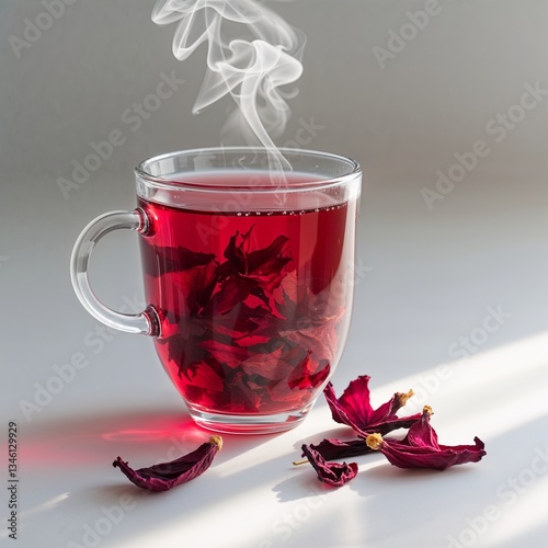 Freshly Brewed Hibiscus Tea in Transparent Cup with Dried Flowers – Vibrant Red Herbal Drink, Refreshing and Detoxifying